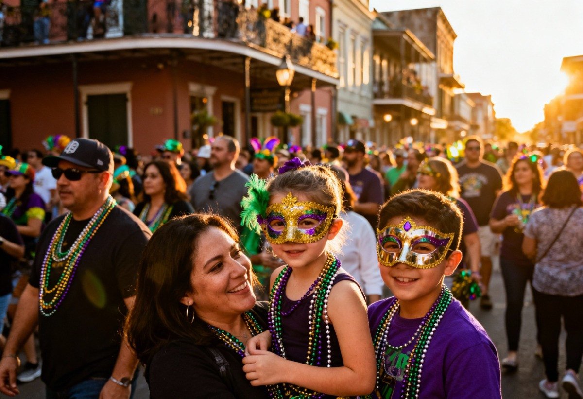 Family enjoying Mardi gras parade in New Orleans, LA