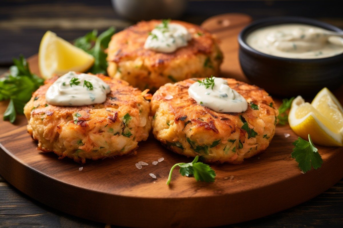 perfectly cooked crab cakes on wooden plate