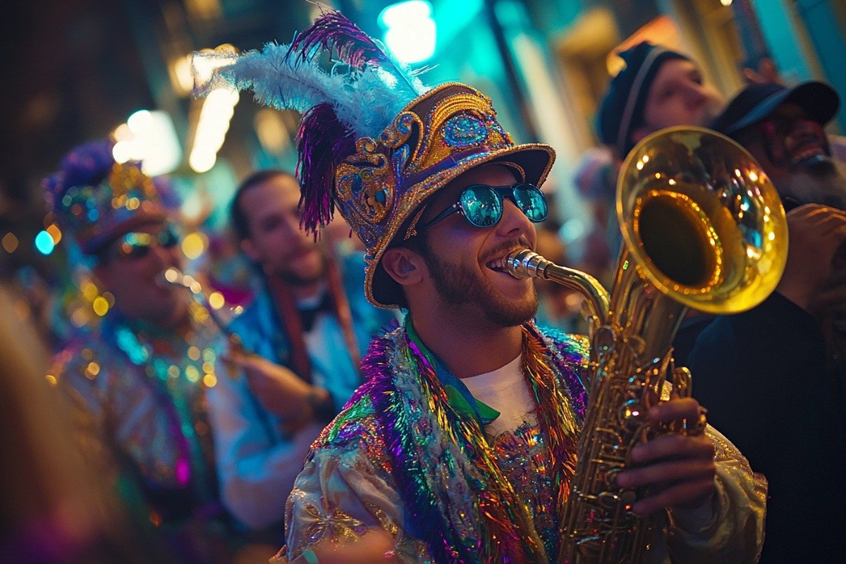 man playing saxophone during Mardi Gras parade