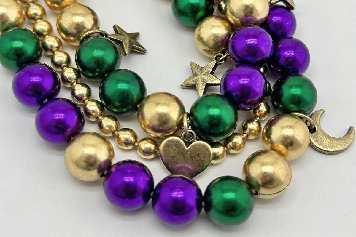 homemade Mardi Gras beads on a table