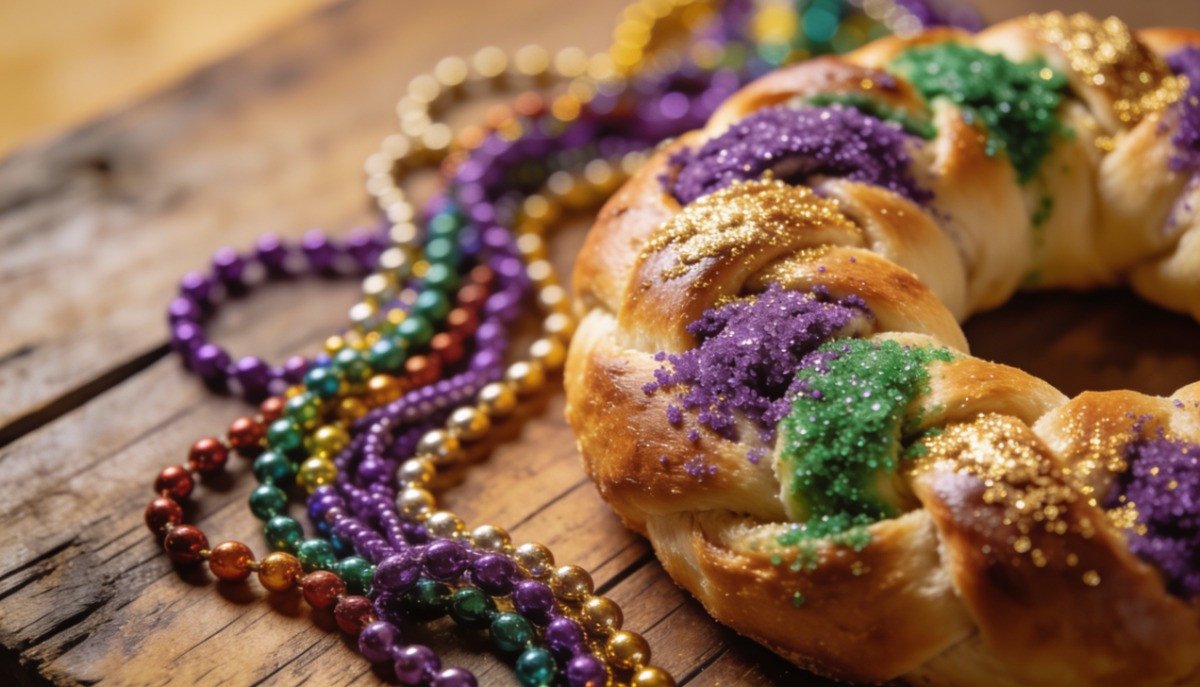 New Orleans style king cake on wooden table