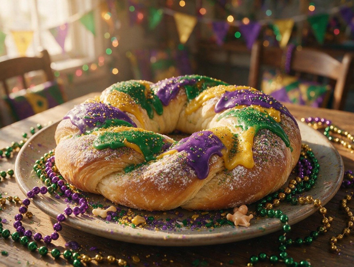 New Orleans-style king cake on table during a party