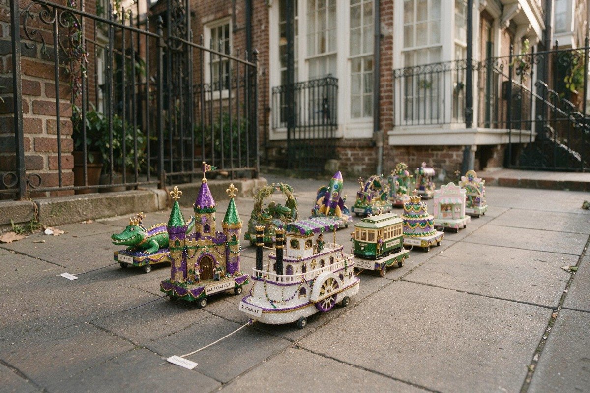 Small floats lined up before a Mardi Gras parade